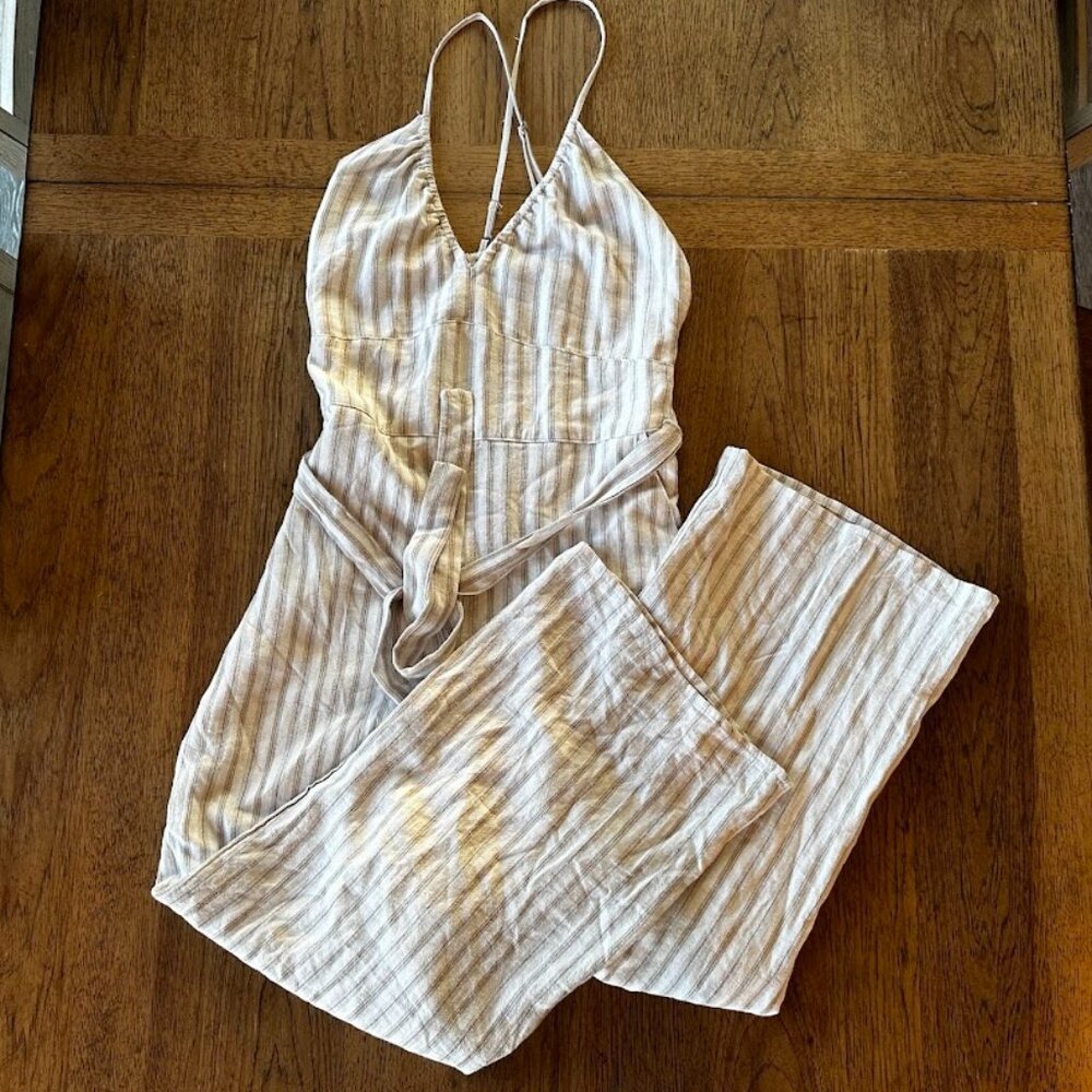Abercrombie & Fitch Tan/White Striped Women's Linen Jumpsuit NWT Tall Size
